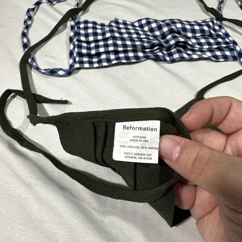 NEW Reformation Face Mask [ 2 Piece ] Blue Gingham Print +‎ Olive Green #T2153
